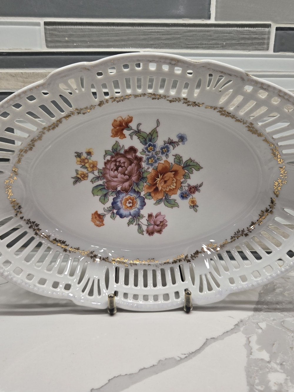 Vintage German Reticulated Porcelain Floral Serving Bowl – 11.5"